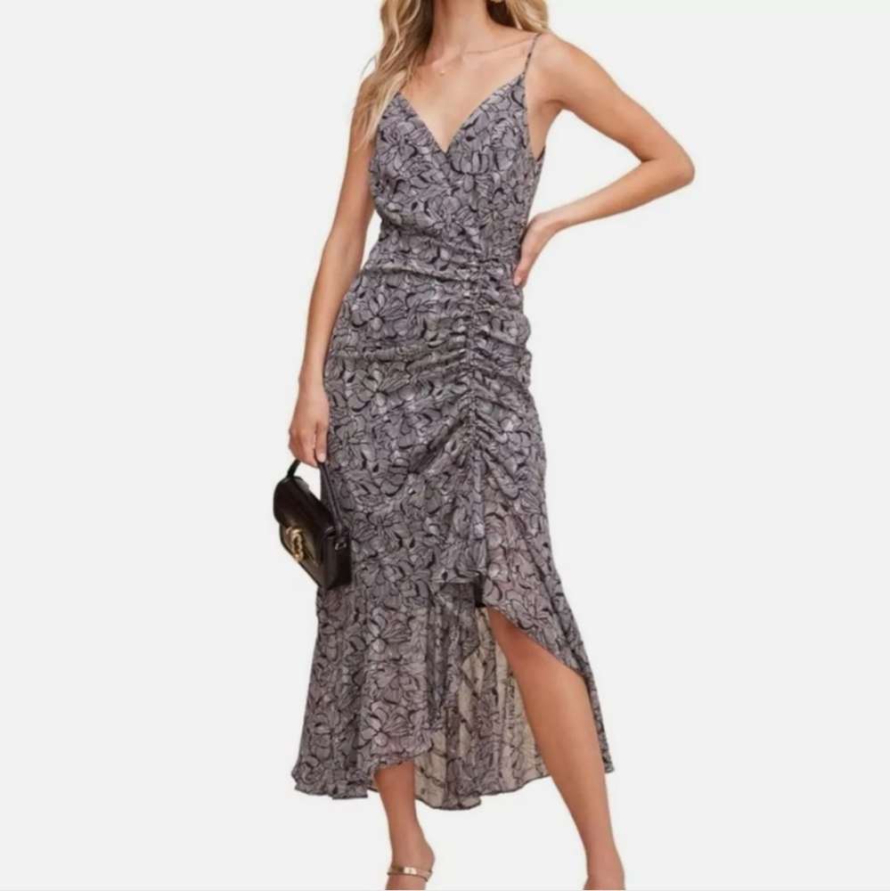 ASTR Black Floral Ruched V-Neck Sleeveless Midi Dress Metallic Size Small - Picture 2 of 10